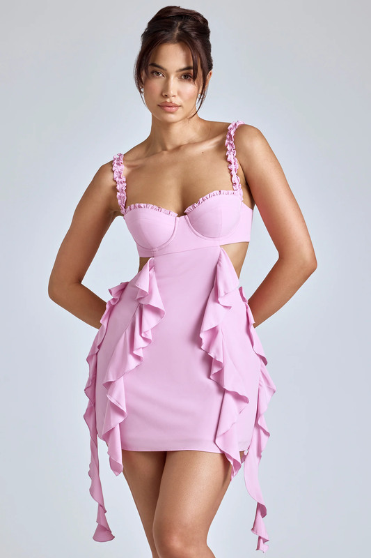 Panelled Ruffle Mini Dress in Baby Pink - UK Size:6 - Cup Size:Regular Cup